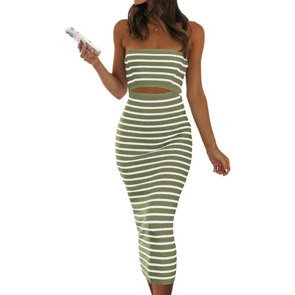 Women's Summer Midi Bodycon Dress Strapless Cut Out - Picture 1 of 9